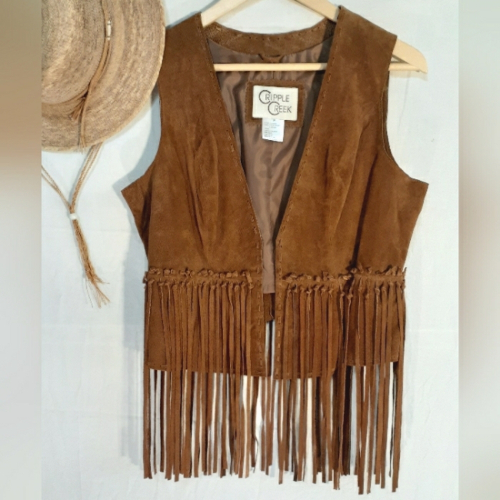 CRIPPLE CREEK Brown Leather Fringe Vest, Size Medium